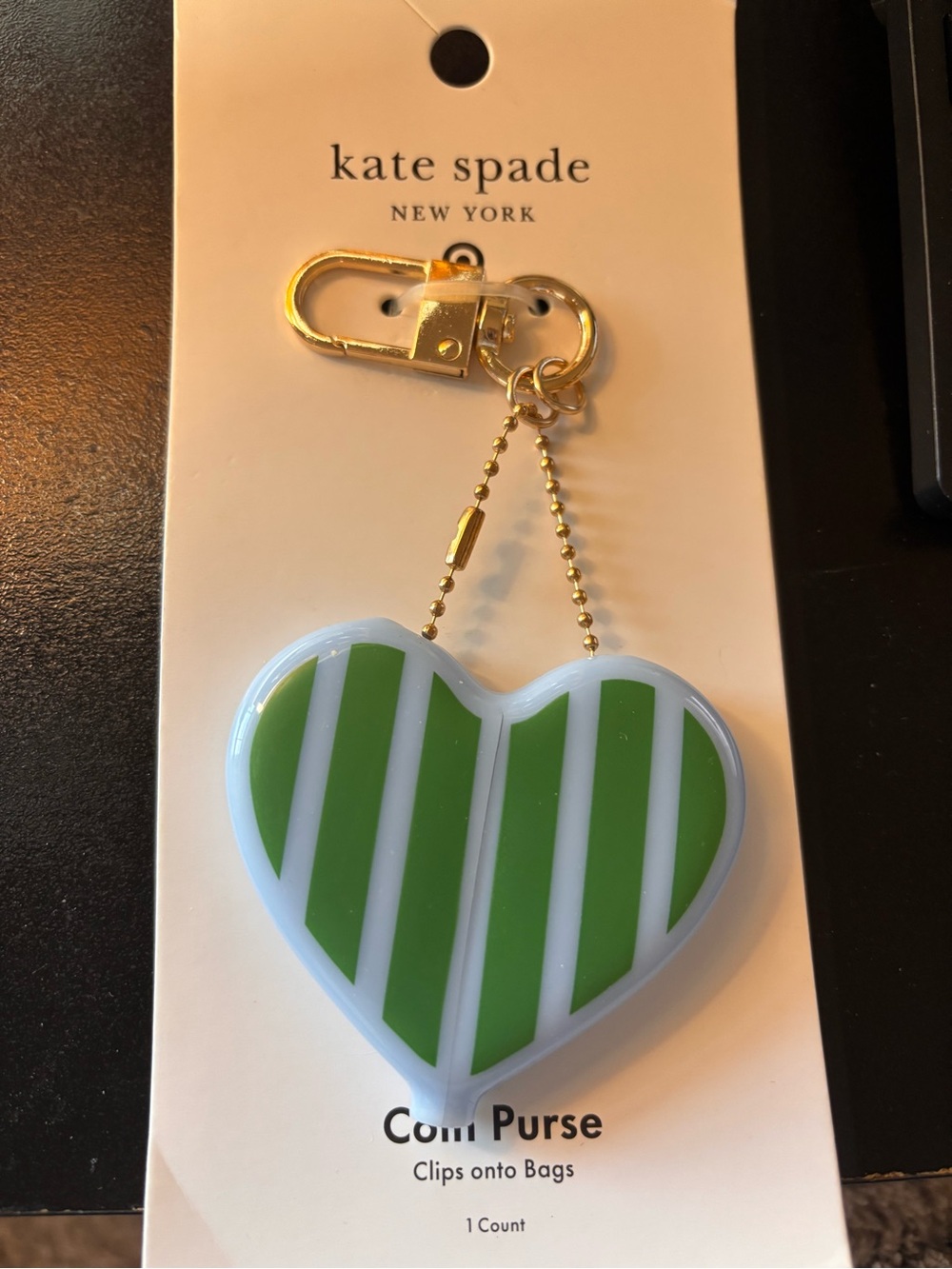 kate spade Green and White Striped Heart Keychain Coin Purse
